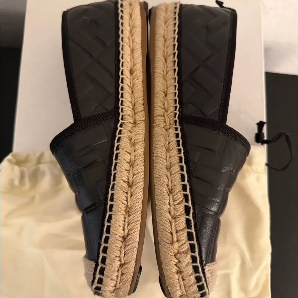 Fendi Black Leather FF Espadrille Flats Logo Jute Sole Size 36
